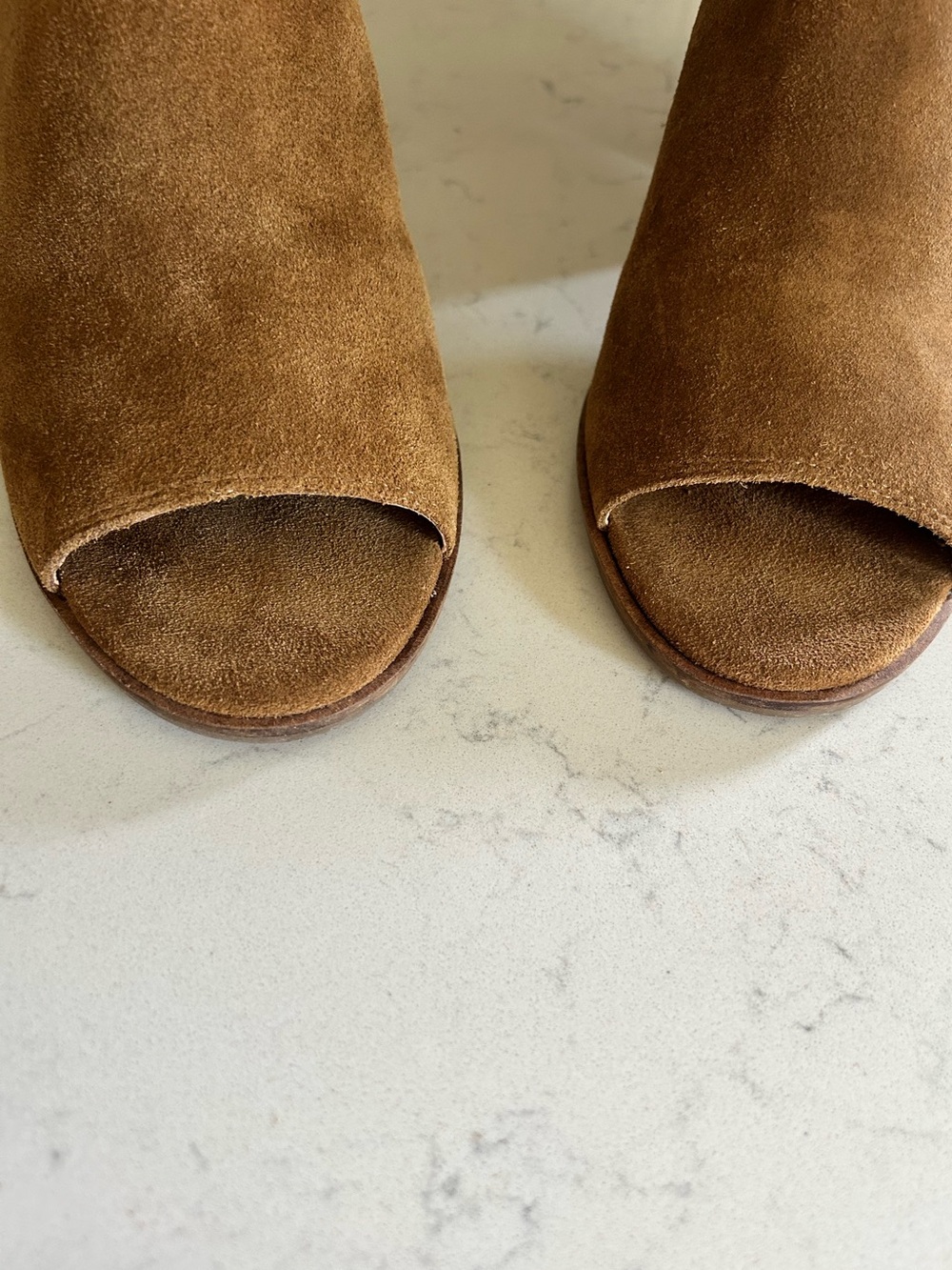 🍀Lucky Brand Kalli Tan Oiled Suede Open-Toe Block Heel Mule Ankle Booties - Picture 5 of 11
